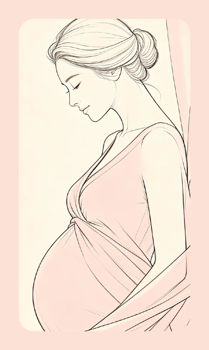 Ilustração delicada de uma gestante acariciando a barriga